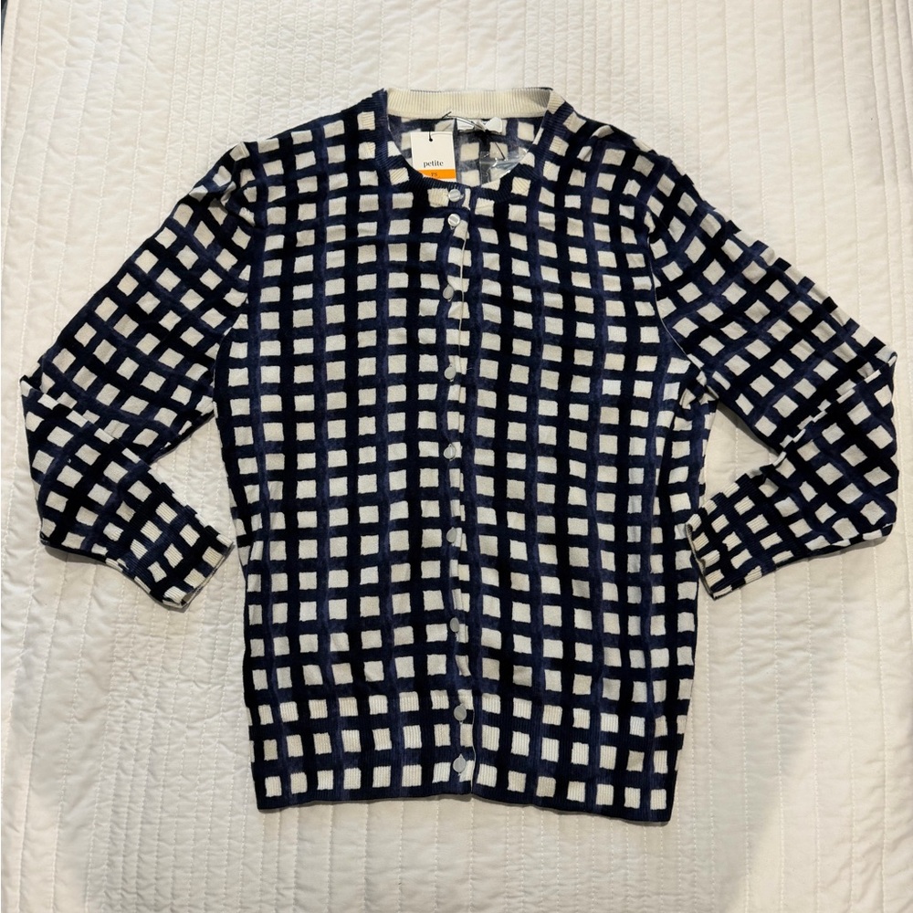 crown & ivy Navy and White Grid Knit Cardigan